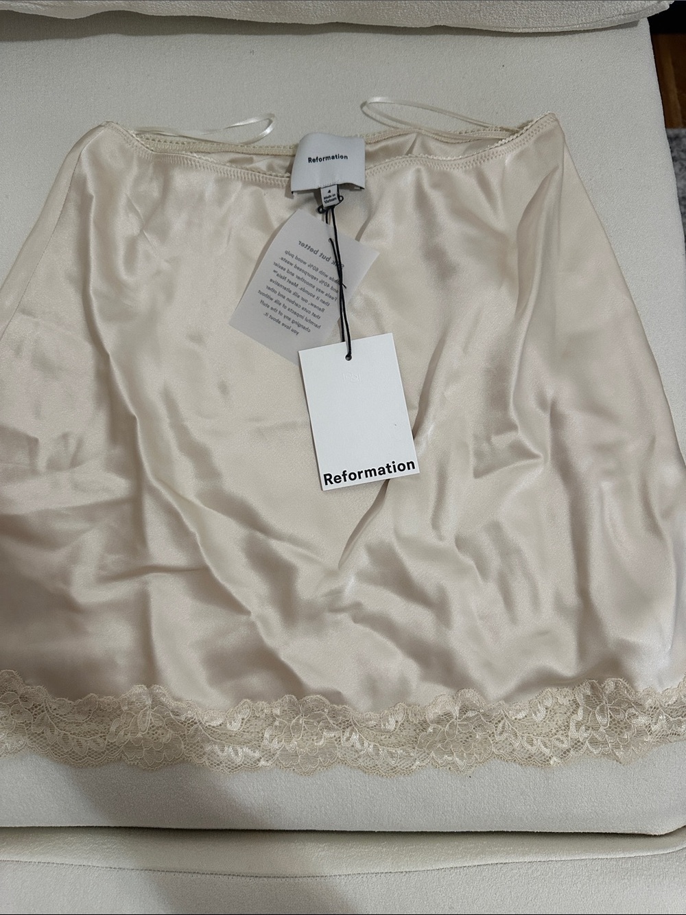 Reformation Satin Lace-Trim Mini Skirt in Cream Neera Satin Skirt - Picture 3 of 5